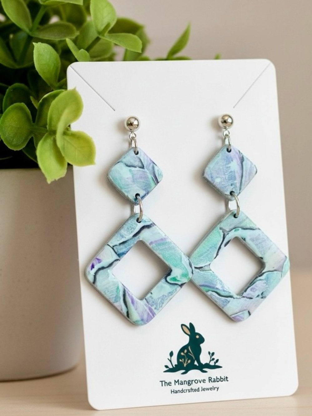 Handmade Pastel Blue Green Purple Watercolor Look Polymer Clay Dangle Earrings